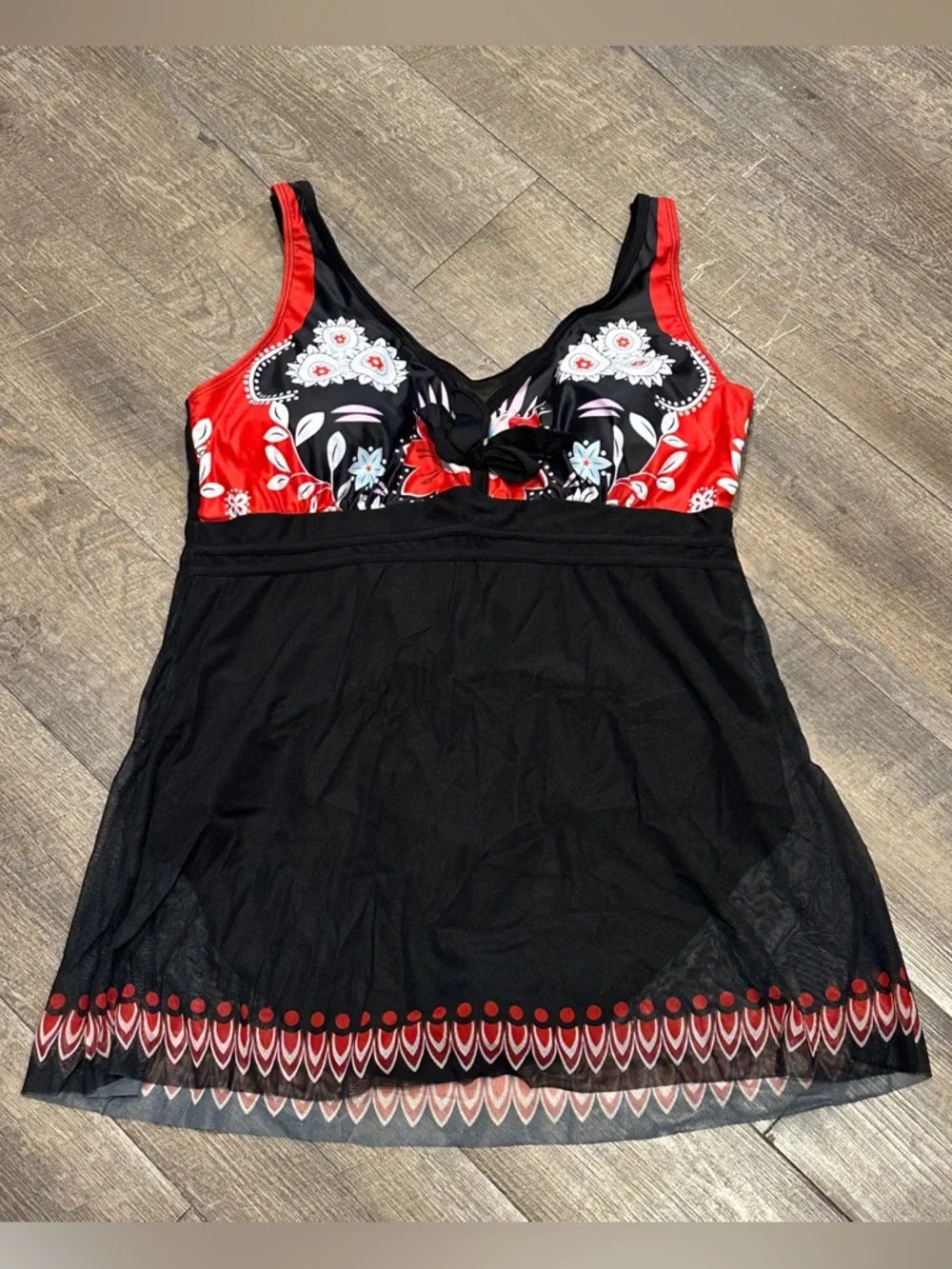 Black & Red Floral Tie-Front Swimdress One Piece XXL NWOT